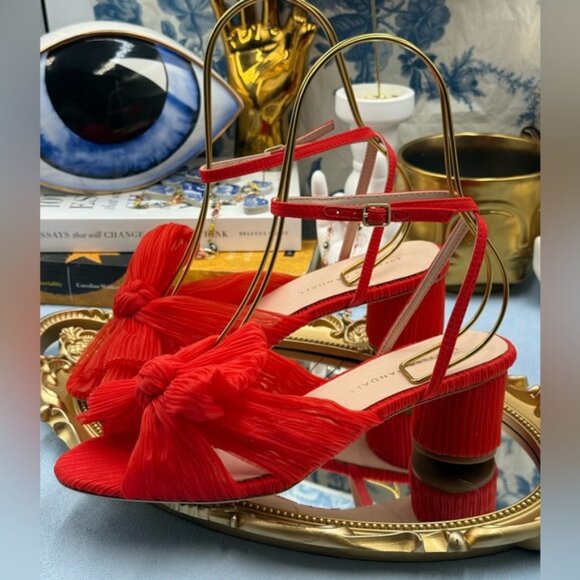 🆕 LOEFFLER RANDALL 🧿 NWOT Dahlia Candy Apple Red Pleated Organza Bow Heel Sz 7 - Picture 9 of 16